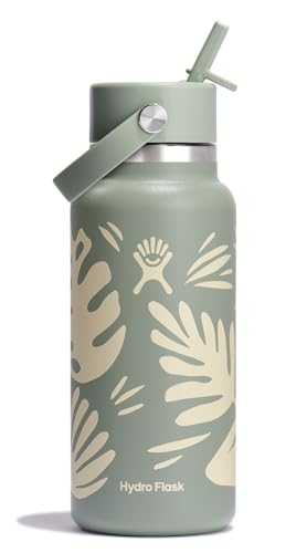 Image of Hydro Flask Water Bottle - Insulated Stainless Steel - Wide Mouth Flex Straw Lid, Non Spill, Leakproof and Refillable in 32 Oz Botanical Bliss Agave