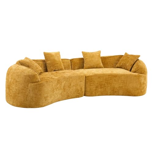 Image of 109-Inch Curved Boneless Modular Sofa Compressed 4-Seat Cloud Couch with 4 Pillows, Modern Curved Boneless Foam Sofa Floor Deep Seat Cloud Couch for Living Room Bedroom
