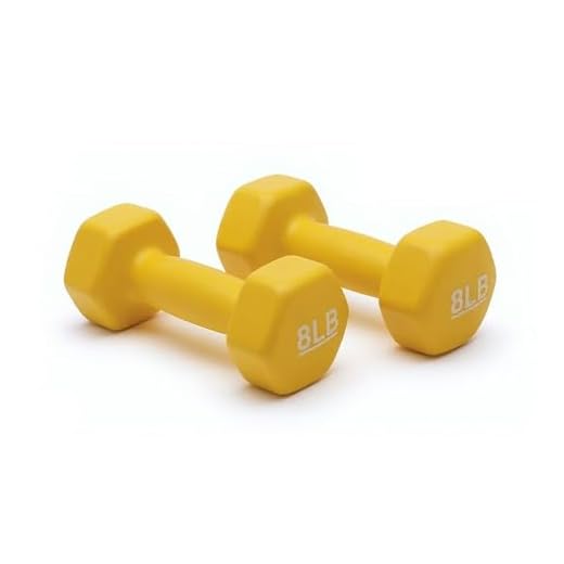 Amazon Basics Neoprene Hexagon Shape Dumbbell Hand Weights, Prevents Rolling Away, 8 Pounds, Pair, Yellow