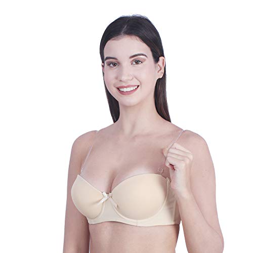 Image of Brachy Women Cotton Nylon Spandex Padded Underwire Strapless Backless Invisible Clear Transparent Back Push up Bra with (Free Extra Transparent Strap)