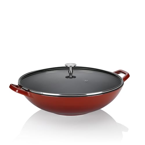 kela Wok de hierro fundido con tapa de cristal 36 cm CALIDO, wok de inducción, sartén wok con tapa, esmaltado, rojo