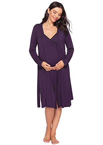 Latuza Women's Bamboo Viscose Nursing Nightgown and Robe Set L Eggplant
