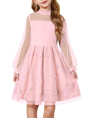 Image of Arshiner Girls Dresses Contrast Mesh Puff Long Sleeve Formal Party Dress