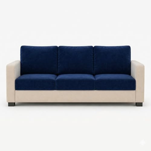 Image of FURNY Haster 3 Seater + 2 Seater Fabric Sofa Set with 1 Ottoman (Dark Blue-Cream) with Velvet Finish | Durable Comfort | Ideal for Living Room