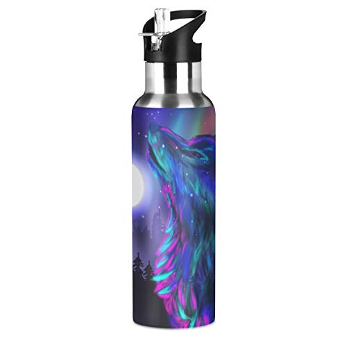 Galaxy Animal Wolf Abstract Water Bottle Vacuum Insulated Stainless Steel Thermos Mug Kids Water Bottle With Straw And Handle Keep Hot Cold Sport Bike Fit Travel Outdoor 20 Oz #TOP14