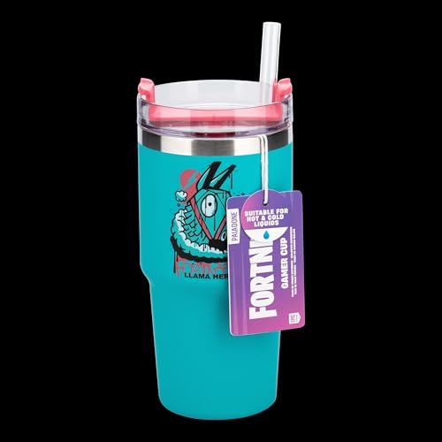 Paladone Fortnite Vaso térmico azul de 600 ml con pajita, botella oficial con licencia para bebidas frías y calientes, té o café, idea de regalo para hombre