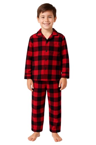 BEEYANOPAL Kinder Flanell-Schlafanzug Set – 100% Baumwolle, Kariert, Weiches Nachtwäsche-Set mit Langarmshirt & Hose für Jungen & Mädchen Winter