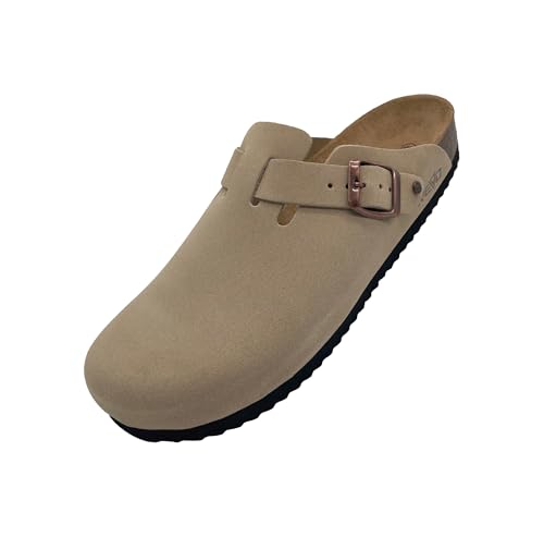 Revo Modische und bequeme Unisex Kork Fußbett Pantoletten, Hausschuhe und Sandalen für Erwachsene, hochwertiges Leder, nachhaltige Herstellung in Spanien (Beige, Gr. 46)