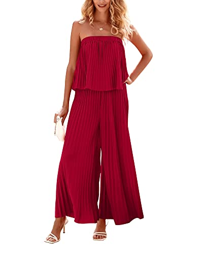 Btfbm Women Off Shoulder Summer Rompers 2023 Strapless Pleated Wide Leg Palazzo Pants Jumpsuit One Piece Fashion Outfits(Solid Red, X-Large) #TOP21