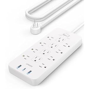 Anker Power Strip with 3 USB Ports, Surge Protector (2100J-5ft), 12 Outlets with 2 USB-A Ports and 1 USB-C Port,Flat Plug, Works with iPhone 16/16 Plus/16 Pro/16 Pro Max,for Home,Office, TUV