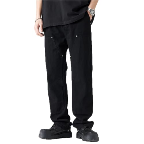 Jeans Pants Trouser Denim High Street Rivet Woodcutting Workwear Men's Straight Casual Handsome Large Clothing