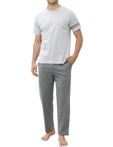 Mens Pajamas Set Cotton Short Sleeve with Pants 2 Piece PJ Set Soft Comfy Loungewear Men's Nightwear with Pockets