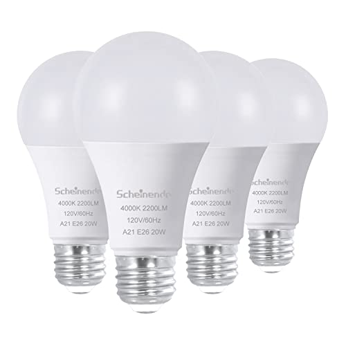 Scheinenda 150 Watt Led Bulb Equivalent, Standard A21 Super Bright Light Bulb, Natural White 4000K, Non-Dimmable, 20 Watt 2200Lumens, Brightest Home Lighting LED Bulbs, Pack of 4