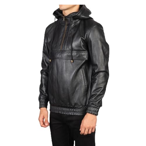 Men's 100% Real Lambskin Leather Hooded Pullover Jacket Classic Bomber Biker Jacket Casual Wear Hoodie2