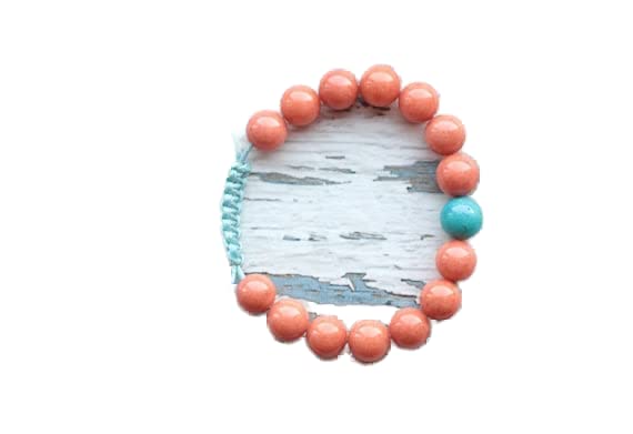 Bracelet turquoise orange perles rondes lisses 10mm et fil cordon tressé ajustable