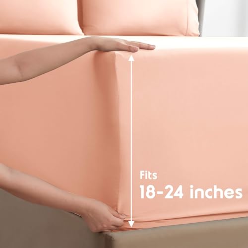 Image of Nestl Extra Deep Cal King Sheet Set - 6 Piece Breathable & Cooling Sheets - Hotel Luxury Bedding Set w /18-24 Inch Deep Pockets - Easy & Secure Fit - Super Soft, Wrinkle Free & Comfy - Peach Beige