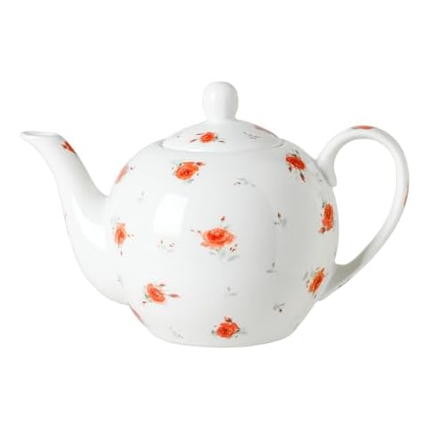 PRECITIME 30oz FLoral Porcelain Teapot (4 Cups) - Elegant Ceramic Tea Pot with Vibrant Roses, Ideal for Loose Leaf & Bagged Tea, Dishwasher Safe Cover