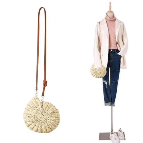 Women Handbag，Handwoven Round Rattan Bag with Leather Strap Fashionable Crossbody Bag for Sttylish Natural Styles and Unique Fashion2