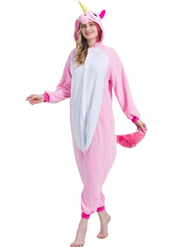 QUERITU Pink Unicorn Adult Onesie Pajamas - Unisex Halloween Animal Cosplay Costume Sleepwear - Comfy One-Piece Suit for Men & Women