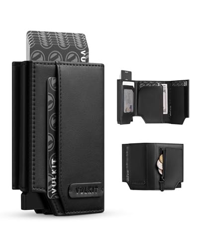 VULKIT Mens Wallet for Max.12 Cards with Pop-Up Credit Card Ejector Case, ID Window, Cash/Bills Compartment and Coin Pocket, Hook and Loop Tape Closure, Giftbox Packed, Black Nappa Leather
