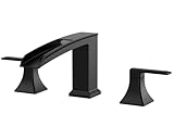 FORIOUS Waterfall Black Bathtub Faucet Set 3 Hole, 2 Handle Deck Mount Roman Tub Faucet Widespread with Pre-Installed Water Hose for Garden Bathtub