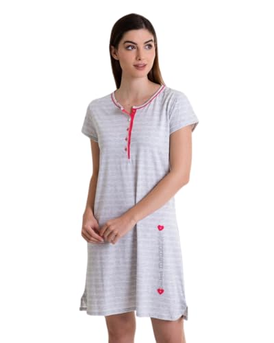 MASSANA Camisón Manga Corta de mujera con Cuello de Tapeta Larga Abotonada, en Tejido de Punto Gris a Rayas (M)