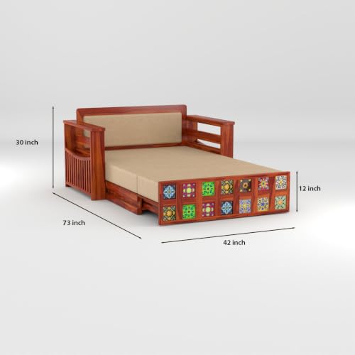 Image of Solid Sheesham Wood Sofa Cums Bed with Mattress & Storage | Rosewood Convertible Sofa Bed for Living Room & Bedroom (F-Honey Finish, 2 Seater)