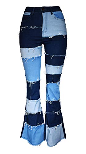 Aodrusa Women Patch Flare Jeans Bell Bottom Raw Hem Denim Pants Blue US 12