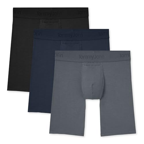 Tommy John Men’s Boxer Briefs 8” Underwear, Second Skin Boxers with Supportive Contour Pouch Silky Soft Tagless, Moisture Wicking Underwear Stretch Fabric, 3 pack, Black/Turbulence/Dress Blues, Medium