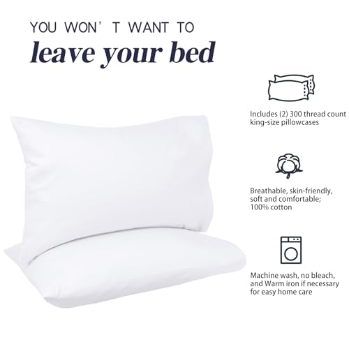 Image of Nuzzle Pillow Cases King Size, 100% Cotton Pillowcases with Envelope Closure, White Pillow Covers 20 x 36 inches, Pillow Protector with 300 Thread Count Soft and Breathable
