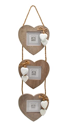Ensemble de 3 cadres en bois en forme de cœur reliés par de la corde avec cœurs blancs décoratifs