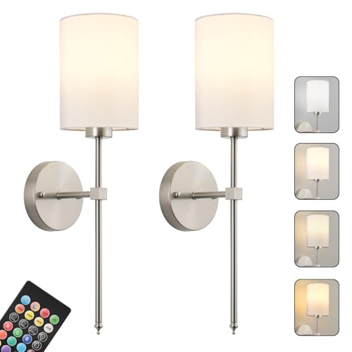 Image of Battery Operated Wall Sconces Set of Two,Wireless Rechargeable Wall Light With Remote Control, Dimmable, Amber Light /Warm White /Natural White /Daylight /RGB,Timer,for Living Room,Bedroom,Entryway,Nickel