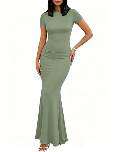 Image of Womens Summer Short Sleeve Square Neck Elegant Casual Lounge Bodycon Slim Maxi Evening Party Long Dress