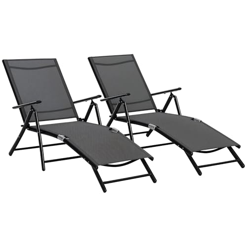 Outsunny Lot de 2 Bain de Soleil, Chaise Longue Pliante avec Dossier réglable 7 Positions en Maille, Cadre en Aluminium, transat Jardin extérieur pour Camping Piscine...