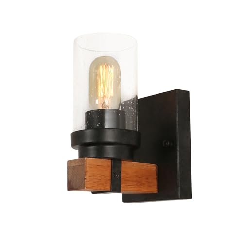 Anmytek Vanity Lights, Bathroom Fixtures in Rustic Wood Farmhouse Wall Sconces with Bubble Glass Shade for Bedroom,Kitchen,Living Room,Hallway W0018