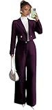Tweed Suits for Women 2 Piece Notch Lapel Plum Womens Pant Suit Wedding Party Fashion 2 Button Short Jacket Blazer Pants Size X-Small