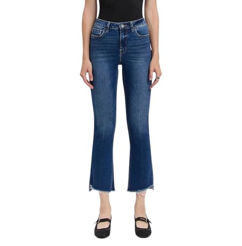VERVET Women's High-Rise Raw Step Hem Cropped Kick Flare Jeans