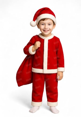 Image of Santa Claus Dress For Kids 7-10 Years Boy Girl 4Pc Set with Shirt Pant Hat Goodie Bag Warm Fleece Christmas Fancy Dress Costume School Play Xmas Gift Red Outfit Suit Prop