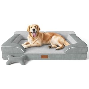 Extra Large Dog Bed, Orthopedic Dog Bed with Cooling Gel Memory Foam, Waterproof XL Pet Bed with Removable Washable Cover, 42″ Pet Sofa Couch Dutch Velvet with Bone Toy, Light Gray