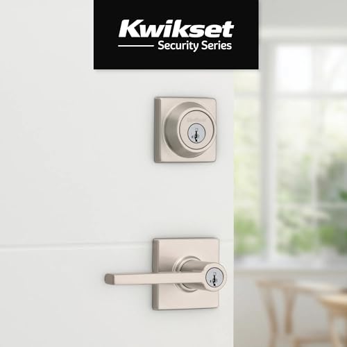 Image of Kwikset Casey Square Front Door Lock Handle and Deadbolt Set, Entry Exterior with Interior Reversible Lever, Satin Nickel, Project Pack, Pick Resistant SmartKey Rekey Deadbolt Security