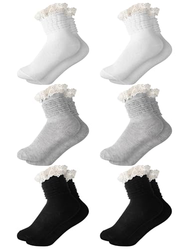6 Pairs Girls Slouch Socks with Lace Trim Cotton Knit Scrunch Stacked Boots ruffle Socks for Girls Kids
