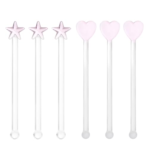 Unomor 6Pcs Decorative Transparent Glass Stirring Sticks Unique Drink Stirrers for Cocktail and Party Use Adorable Design with Stars and Hearts