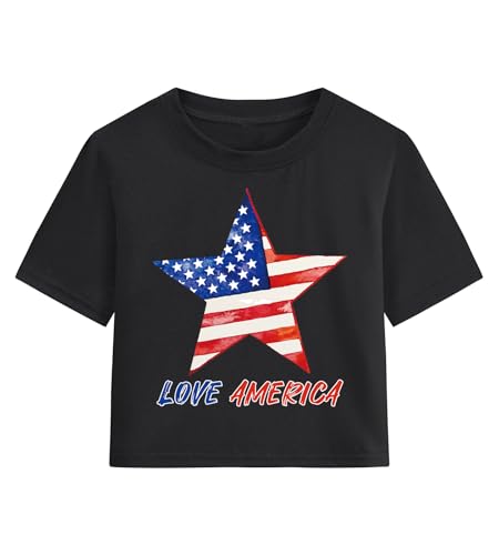 Image of Tkria Girl Crop Tops July 4th Crewneck Tshirt American Flag Patriotic USA Flag Girls Outfit Clothes Size 6-14