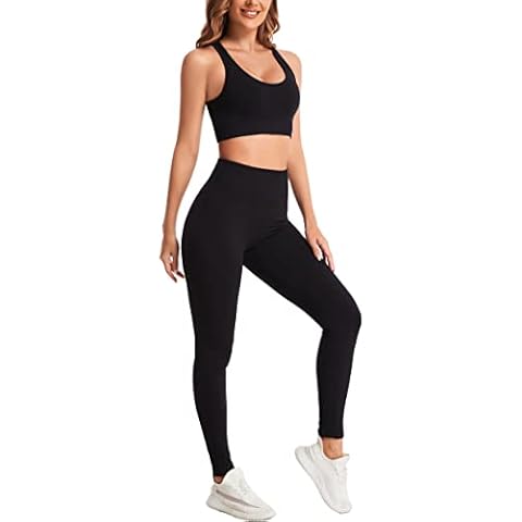 Workout Sets for Women 2 Piece Outfit Seamless Sports Bra Ribbed High Waist Leggings, A-black, Large Cover