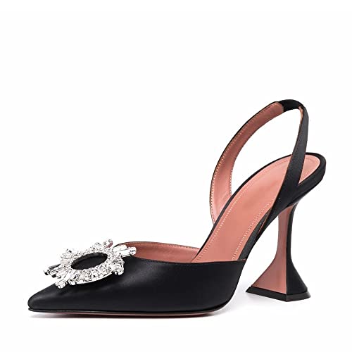Arqa Satin Slingback Heels for Women Crystal Pointed Toe High Heels Wedding Bride Pump Shoes