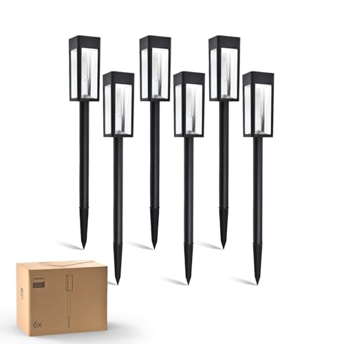 Philips Lot de 6 Lampes Solaires pour Allées - Éclairage Paysager Jardin à LED, Verre et Métal, 3000K Blanc Chaud, Étanche, pour Décoration de Cour,...