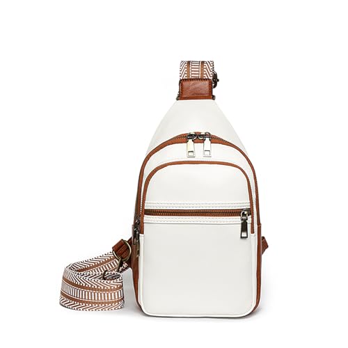 Image of FAYBA Small Sling Bag for Women Crossbody Fanny Pack, PU Leather Wide Guitar Strap Chest Sling Backpack Purse White