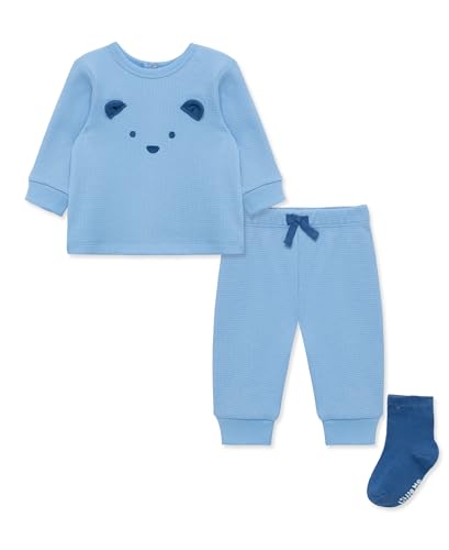 Little Me Simply Essential Solids 100% Organic Clothes for Baby Blue Bear Jogger Set, Placid Blue, 12 Months