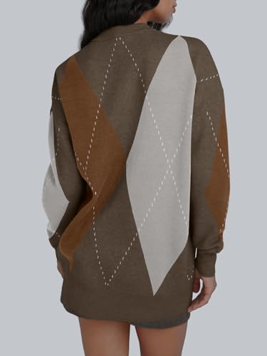 Image of Trendy Queen Women's Color Block Argyle Plaid Oversized Chunky Knit Crewneck Sweaters 2025