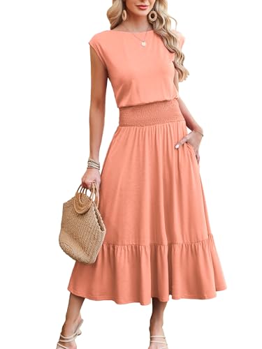 Image of Kikibell Womens Summer Dresses Cap Sleeve Elastic Waist Midi Dress with Pocket Long Causal Sundress Beach Vacation Outfits